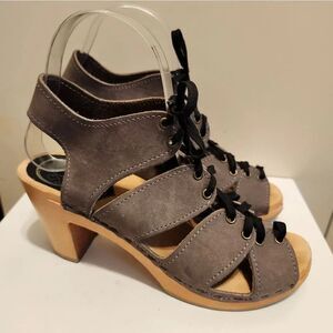 No. 6 Taupe Nubuck Leather Lace Up Corset Open Toe Wood Clogs Sz.6/36 Ret.$260